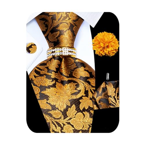 Image of 5PCS Tie and Pocket Square for Men, Silk Necktie and Handkerchief Cufflinks with Gold Ring and Lapel Pin Set