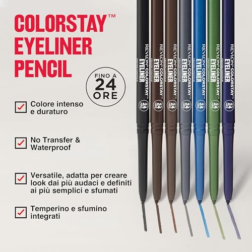 Revlon Colorstay Eyeliner Pencil, Matita Eyeliner Nera No-Transfer E Waterproof, Temperino E Sfumino Incorporati, 201 Black, 0.28G - 2
