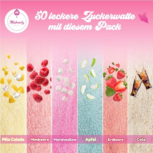 Misskandy®- Zuckerwatte Zucker 6X160Gr (Natürliche Aromen und Farben) Erdbeer-Cola -Piña Colada-Apfel-Marshmallow-Himbeere/Zuckerwattemaschine/ + 20 wiederverwendbare Sticks (kostenlos)… – Bild 4