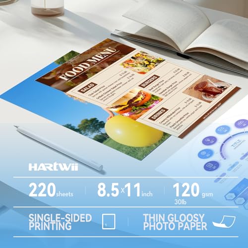 HARTWII 220 Sheets Inkjet Glossy Thin Paper 8.5x11 inch 30lb 120gsm A4 Letter Size For Brochure Printing, Custom Chip Bag Party Favors,Single Side, Suitable for All Dye Ink