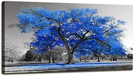 youkiswall art Contemporary Blue Tree in Black and White Style Fall Landscape Painting Modern Giclee Stretched and Framed Artwork