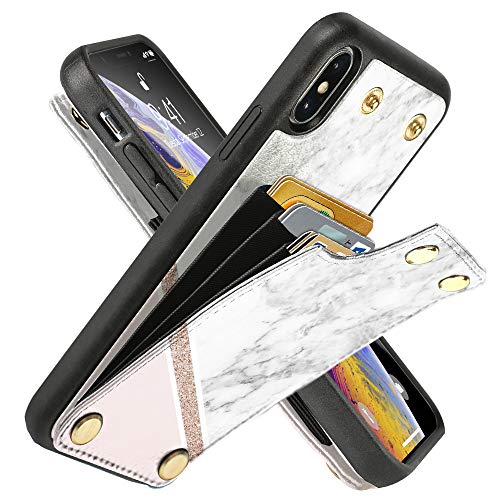 LAMEEKU Wallet Case for iPhone Xs Max 6.5'', Shockproof Phone Granite Case with Credit Card Holder Slot Money Pocket, Protective Bumper Cover Compatible with iPhone Xs Max - White & Pink Marble