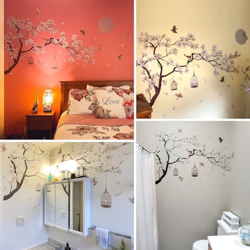 image for AM AMAONM Chinese Style White Flowers Black Tree and Flying Birds Wall