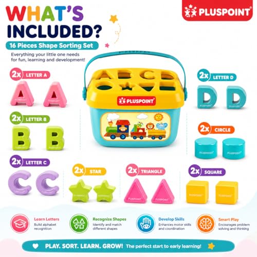Image of PLUSPOINT Baby's First Educational Shape Sorting Blocks Toy Set | 16 Pcs ABCD Learning Blocks & Shape Sorter | Early Development Activity Toy for 6 Months to 2 Years Old Boys & Girls