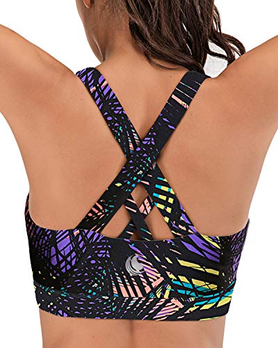 Cross Back Sports Bra Longline Running Yoga Workout Bra Top Seamless Leaves M