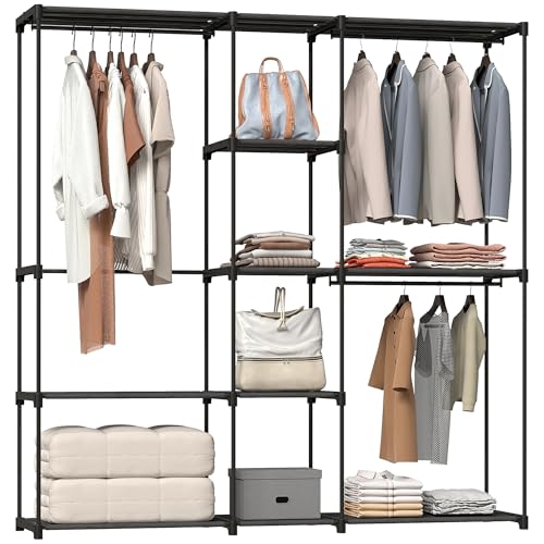 HOMCOM Armario de Ropa, Perchero, 182x43x185 cm, Armario Abierto con 8 Estantes de Tela, Barras para Colgar, Marco de Metal, para Dormitorio, Salón, Vestidor, Negro