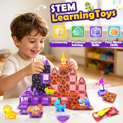 Image of Mini Magnetic Tiles Kids Dinosaur Toys, Magnetic Blocks with 6 Dinosaurs | Road Trip Essentials for Car & Airplane Magnet Tiles STEM Construction Building Toys, Gifts & Toys for Boys Girls Ages 3-12