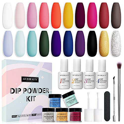 20 Colors Dip Powder Nail Kit Starter, AZUREBEAUTY Acrylic Dipping Powder System Essential Liquid Set with Top/Base Coat Activator Brush Saver for French Nail Art Manicure Extension Beginner DIY Salon