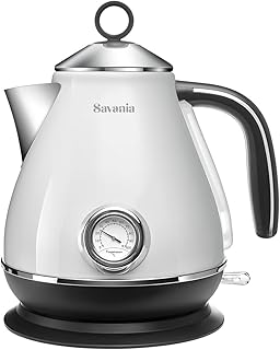 Vintage 1.7L Stainless Steel Electric Kettle with Temperature Gauge and Auto Shut Off, ETL Listed (white)