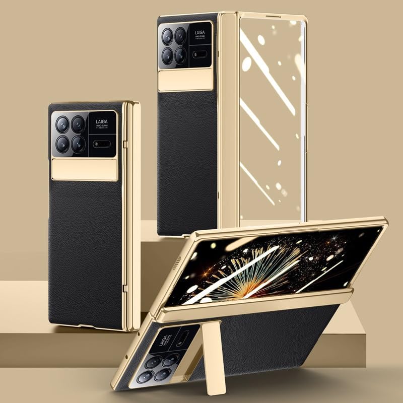 Funda con tapa giratoria para Xiaomi Mix Fold 3, funda para teléfono móvil, [funda para teléfono galvanizada] [protector de pantalla] resistente a prueba de golpes 360 cubierta protectora completa+soporte antiarañazos (negro)