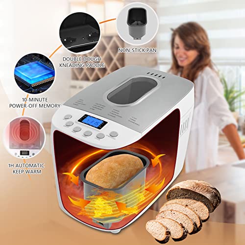 Davivy Bread Maker Machine 3.3LB Dough Maker,15-in-1 Automatic Bread Machine Maker with Nonstick Bowl, Jam& Yogurt, 3 Loaf Sizes and 3 crust settings,15-H Delay Timer(850W,Silver,3.3LB)
