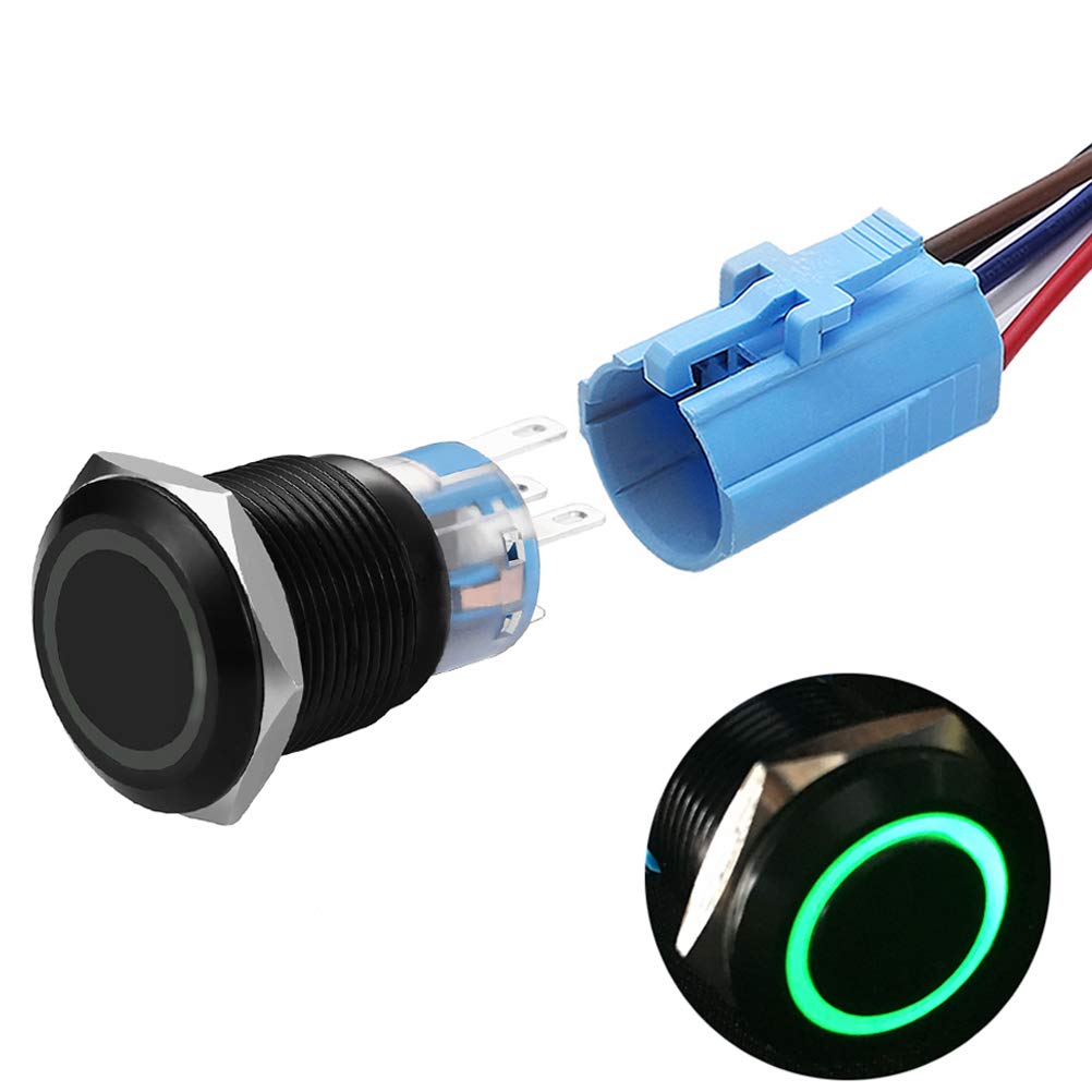 19mm Latching Push Button Switches SPDT ON/Off Waterproof Black Metal 12V Ring LED with Wire Plug (Green)