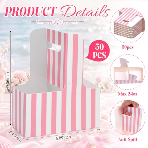 Yiyiring 50 Pack 2 Cup Disposable Drink Carrier with Handle Kraft Paperboard Handled Drink Carrier Paper Cup Holder Suitable for Coffee Beverages Afternoon Tea Parties Weddings(Striped,Light Pink) by Yiyiring - Image 2