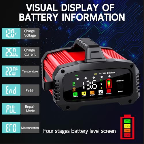 25A Smart Battery Charger and Maintainer, 12V/24V LiFePO4 & Lead Acid Compatible, 9-Stage Full Charge with Temperature Compensation, for Car Truck Motorcycle Lawn Mower Boat Marine RV ATV SUV