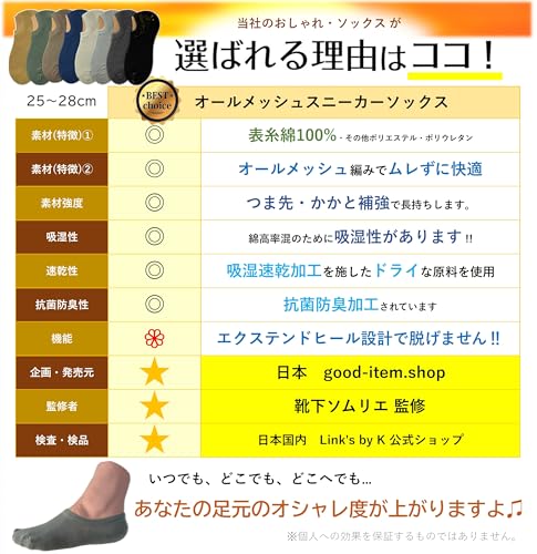 kuuupiii 【靴下ソムリエ監修】 スニーカーソックス スニーカーイン フットカバー 深履き 涼しい 靴下 メンズ ソックス メッシュ編み スポーツソックス カジュアルソックス カラフル 黒 綿 春夏秋 消臭 25-28cm の商品画像 5