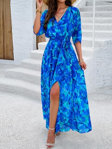 Image of UEAL Half Sleeve Summer Beach Wedding Guest Maxi Dresses for Women 2025 Medium Blue Floral