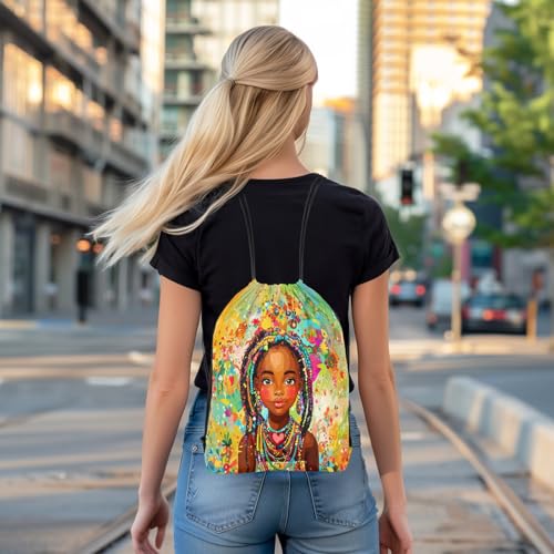 Image of jejeloiu Cute Black Drawstring Backpack 13x15.7inch African American Waterproof Gym Drawstring Bags Colorful Sports String Backpack Beach Swim Travel Bag Sackpack