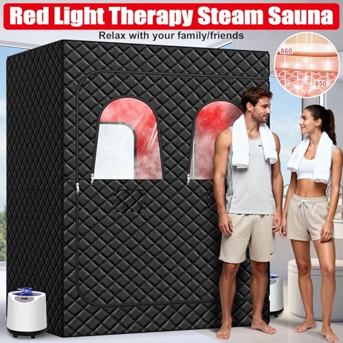 I-THERA-U iTHERAU 2 Person Infrared Sauna Box for Home, Portable Steam Sauna Room with 660nm&850nm Red Light Therapy Lamp, 5-Layer Waterproof, 2 Steamers, 2 Folding Chair - Image 5