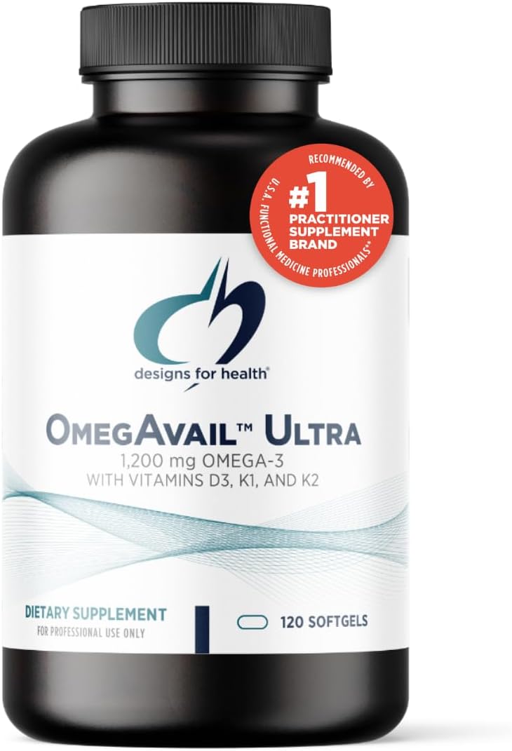 Designs for Health OmegAvail Ultra TG Fish Oil 1200mg - 1000 IU Vitamin D3, Vitamins K1 + K2 - Triglyceride Form Omega 3 Fish Oil Supplement with DHA / EPA - No Fishy Aftertaste (120 Softgels)