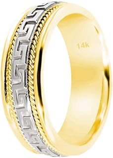 Wedding Band Greek Key Eternity – Two Tone 18k Gold Rings Handmade Nice Gift Jewelry for Him or Her - Comfort Fit Yellow White Weddings Bands for Men and Women – Size 6 to 15