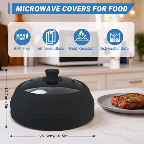 Microwave Splatter Cover Glass,10.5 Inch Collapsible Microwave Cover for Food Glass, Silicone Vented Splatter Guard Lid, Silicone Dish Plate Cover, Dishwasher Safe, Heat Resistant, BPA-Free, Black