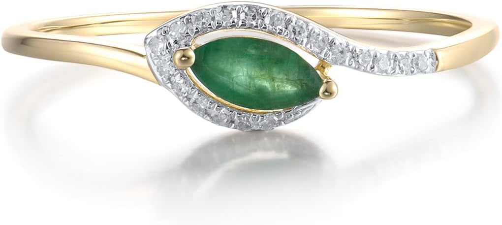 Santuzza 10K Solid Gold Eye Shape Genuine Diamond Gemstone Dainty Ring for Women