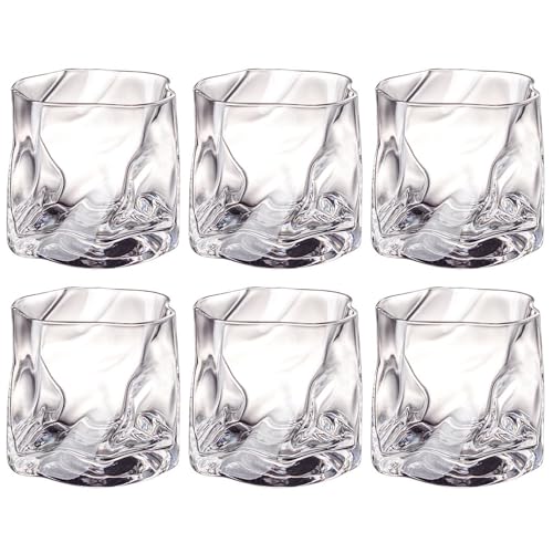 LOITTAINUE Gläser Set 6 Teilig 200ml - Unregelmäßiges Kristall Whiskeygläser - Trinkgläser Eiskaffeegläser Cocktailgläser Longdrinkgläser Wasser Tee Kaffee Saft - Spülmaschinenfest (Transparent)