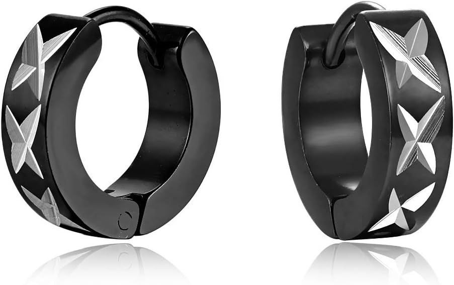 Mens Womens Huggie Hinged Hoop Earrings with Laser X Cross, Stainless Steel, Classic Bling - Image 2