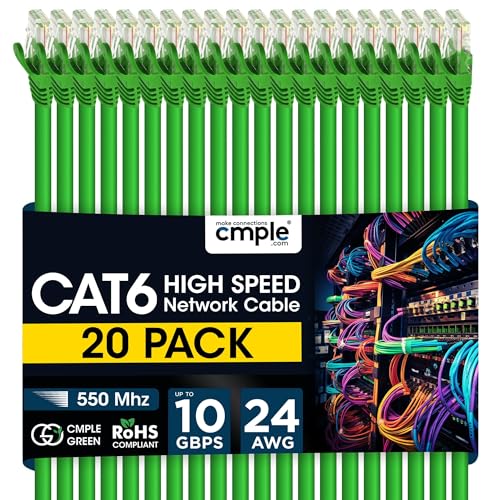 Cmple - 20 Pack Cat6 Ethernet Cable 15 ft Cat 6 Network Cables with RJ45 Connectors 10Gbps Computer LAN Patch Cord Router 550Mhz Cat 6 Wire - Green