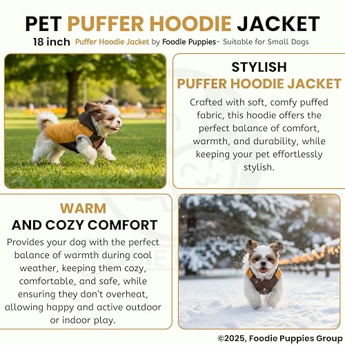 Image of Foodie Puppies Dog Puffer Hoodie Warm Winter Jacket - (Yellow Olive, 18 Inch) for Small Dogs | Ultra Warm Waterproof & Windproof Fur Coat | Washable Pet Vest Apparel for Cold Weather