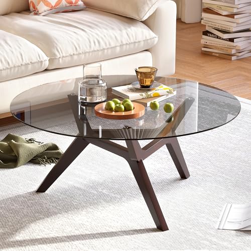 Glass Coffee Table - Round Coffee Table with Clear Tempered Glass Top Modern Low Minimalist Center Table Sturdy Solid Wood Coffee Table for Living Room Home Office Walnut