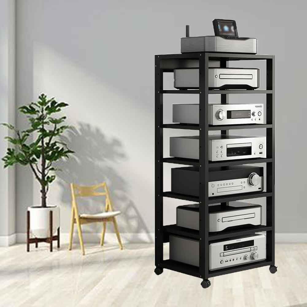 7-stopniowy stojak na płyty winylowe, gramofon, stół z drewna i stali, stojak na multimedia, szafka stereo, stojak na telewizor, HiFi, do systemów stereo (czarny)
