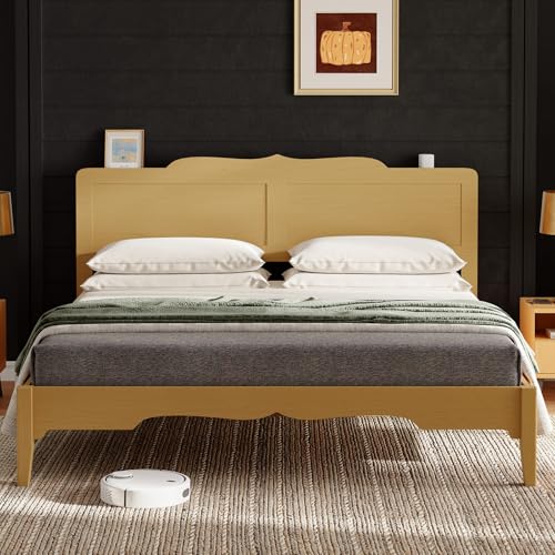 Belffin Queen Bed Frame with 47'' Headboard, Wooden Japanese Platform Bed with Wood Slats, Modern Bed Frame with Storage&Charging Station, Easy Assembly, Noise Free, Natural Natural Queen