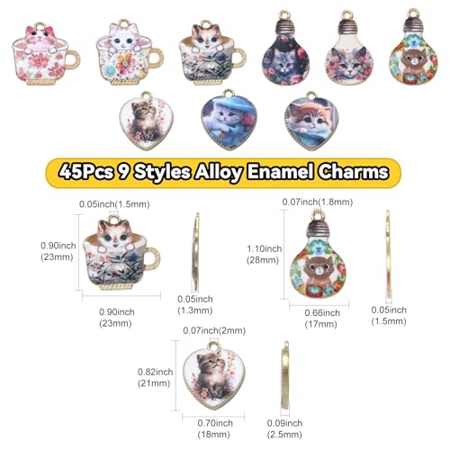 Stiesy 45Pcs 9 Styles Enamel Cat Charms Heart Lamp Bulb Cup with Cat Pendant Charm Printed Animal Dangle Charms Bulk for Jewellery Making Bracelets Crafting - Image 2