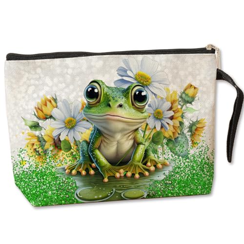 Jztco Cute Frog Makeup Bag Frog Gifts Frog Themed Gifts for Women Animal Lover Her Mom Wife Best Friend Aunt Niece BFF Toiletry Bag Mothers Day Graduation Birthday Gifts Daisy Flower Cosmetic Bag