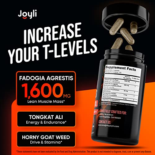 Joyli Fadogia Agrestis & Tongkat Ali Supplement - Premium Muscle Building Supplements For Men With Horny Goat Weed & Trikatu - Natural Muscle Growth & Recovery - 200 Capsules, Made In Usa #TOP1