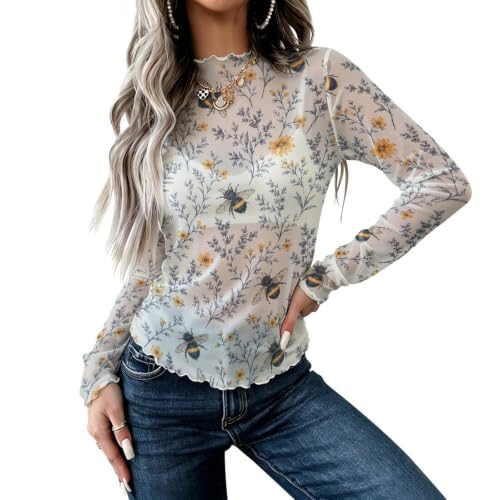 MXNPKUR Women's Sheer Mesh Long Sleeve Top,Mock Neck Layering Shirt Large