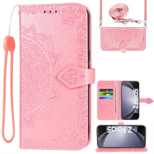 Asuwish Handyhülle für Samsung Galaxy Z Fold 5 5G Hülle mit Band und Kartenfach Klappbar Leder Geldbörse Ständer ZFold5 Z5 Fold5 Handy Hüllen Mandala Handyhüllen Schutzhülle Cover Phone Case Roségold