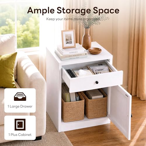 Image of LIKIMIO Modern Nightstand with Drawer & Cabinet, for Bedroom /Living Room | Farmhouse Bedside Table,Ample Storage, Sturdy and Durable, Easy Assembly, White