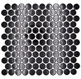 Keramik Mosaik Knopfmosaik Keramik Mosaikfliese Knopfmosaik Loop Penny Rund uni schwarz glänzend Wand Fliesenspiegel Küche Dusche