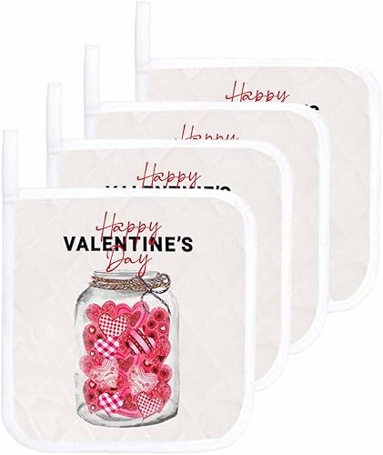 4 Packs Valentine's Day Pot Holders Sets for Kitchen,Oven Pan Plate Bowl Pads Heat Proof Mat with Hanging Loop,Terry Cloth Potholders Soft Grip for