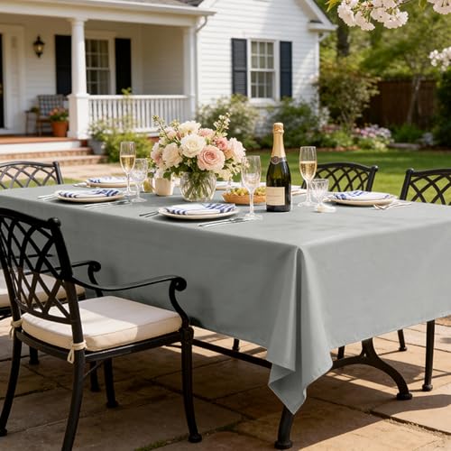 FIBORIA Leinenoptik Tischdecke Outdoor 240x140 cm Abwaschbare Tischdecken Rechteckig Grau Tischtuch Wasserabweisende Gartentischdecke Table Cloth für Frühling,Hochzeiten,Ostern,Party,Geburtstag