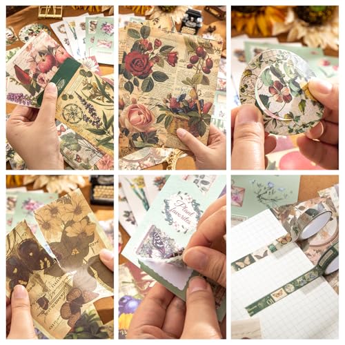 Image of Scrapbooking Supplies Kit, Vintage Botanical Aesthetic Scrapbook Kit for Bullet Junk Journal, Stationery, A6 Grid Notebook, Flower DIY Journaling Supplies, Birthday Craft Gift for Women Craft Lover
