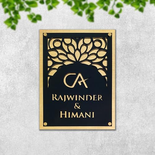 Image of BEE CREATIVE laser Cutting Customise Acrylic Design Name Plate for Home, Office & Outdoor Entrance (Shiny Gold) | Modern Acrylic Name Plate for Flats, Apartments & Villas