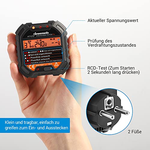 DEWENWILS Steckdosentester mit RCD-Prüfung und LCD-Voltage-Display, 6 Arten von Fehlerdiagnose, Leckspannungs- und Stromanzeige, FI Test, 48-250V/45-65Hz, CAT ll 300V