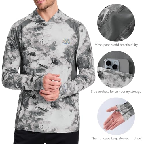 Image of Men's UPF 50+ Hoodie Shirt Long Sleeve Permanent UV Sun Protection Vented Tee Performance for Outdoor Hiking Fishing