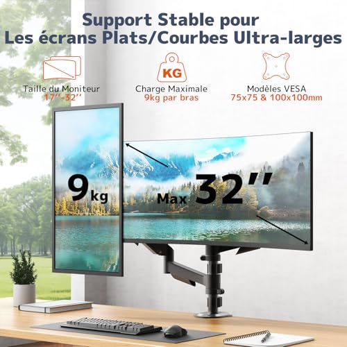 Support écran PC double VESA 17-32 pouces PUTORSEN bras articulé réglable