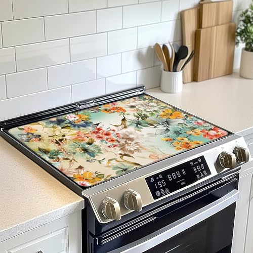 Flowers Stove Top Cover for Electric, Vintage Floral Glass Ceramic Stove Cover, Heat Resistant Flat Stovetop Protector, Dish Drying Mats for Kitchen