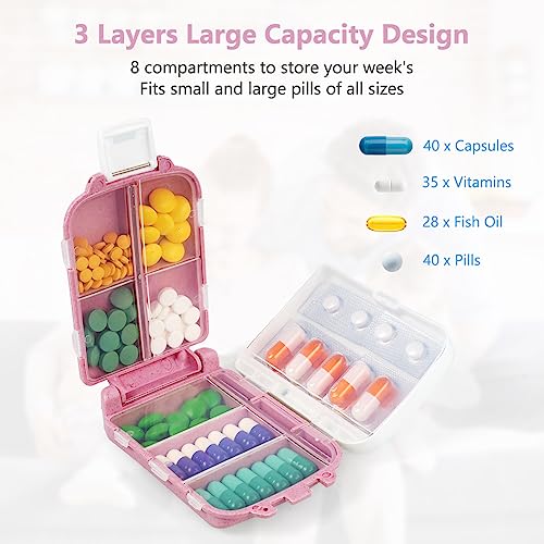 ACWOO pillendoos organizer, 3-laags draagbare medicijndoos met 8 vakken, pillendoosje pillendispenser voor vitamines, levertraan, supplementen en medicijnen voor reizen en werk (roze) - Afbeelding 5