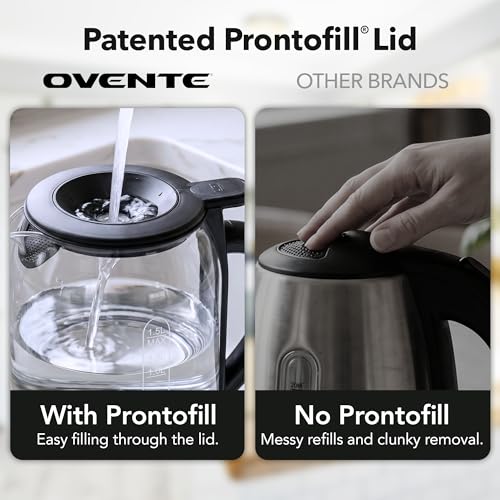 Image of OVENTE 1.5L Glass Electric Kettle Water Boiler, Black KG516B | 1500W Fast Boiling, Easy Fill Lid, Stainless Steel Filter, LED Indicator, Auto Shut-Off, Boil-Dry Protection, 360 Base